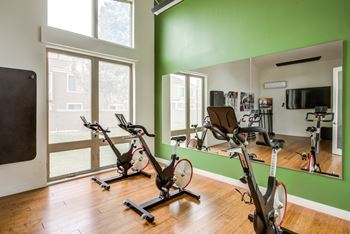 A gym with a row of stationary bikes and a mirror.